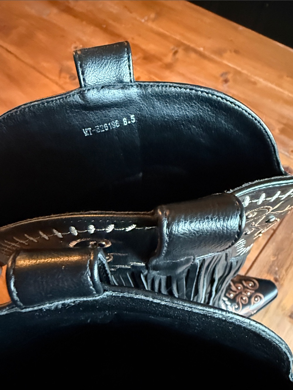 Black Fringe Western Heeled Boots with Copper Embroidery - Picture 3 of 5